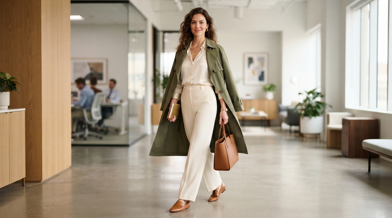 Earthy Olive Trench Coat & Monochromatic Cream Office Separates